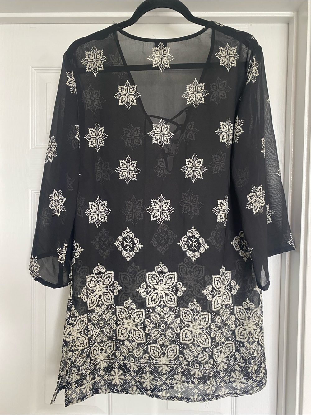 PontoCruz Black & White Lace-Up Boho Swimsuit Cover and Tunic Top Size L - Picture 11 of 11